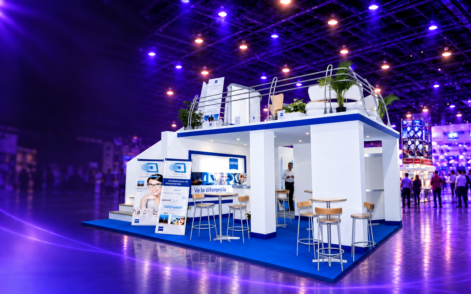Stand de dos niveles con iluminación azul de Equipos Dentales Villa de Cortés